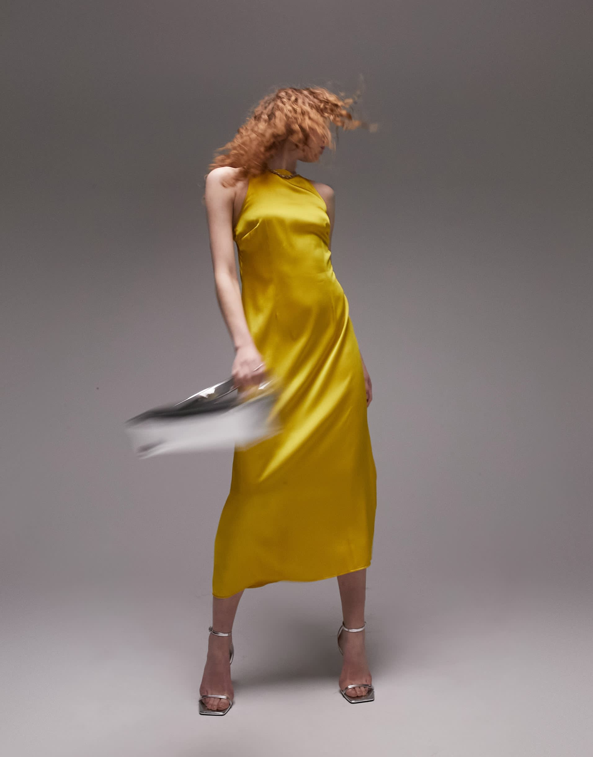 Topshop high neck cami midi dress in yellow