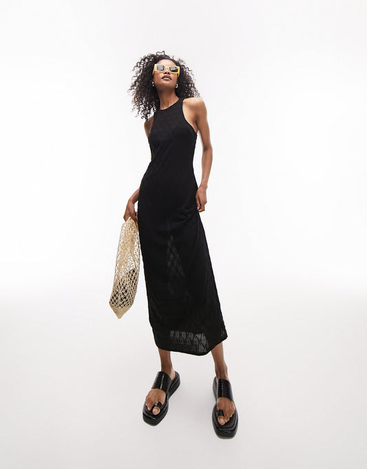 Topshop textured diamond jersey midi dress in black