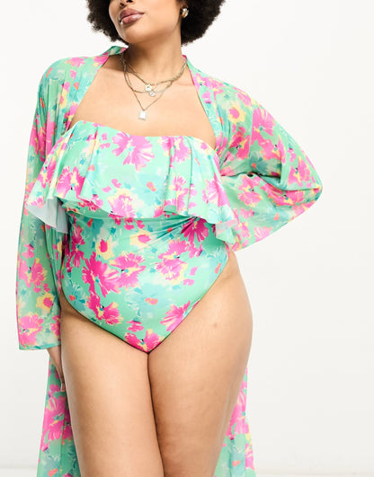 Brave Soul Plus swimsuit in green and pink floral print