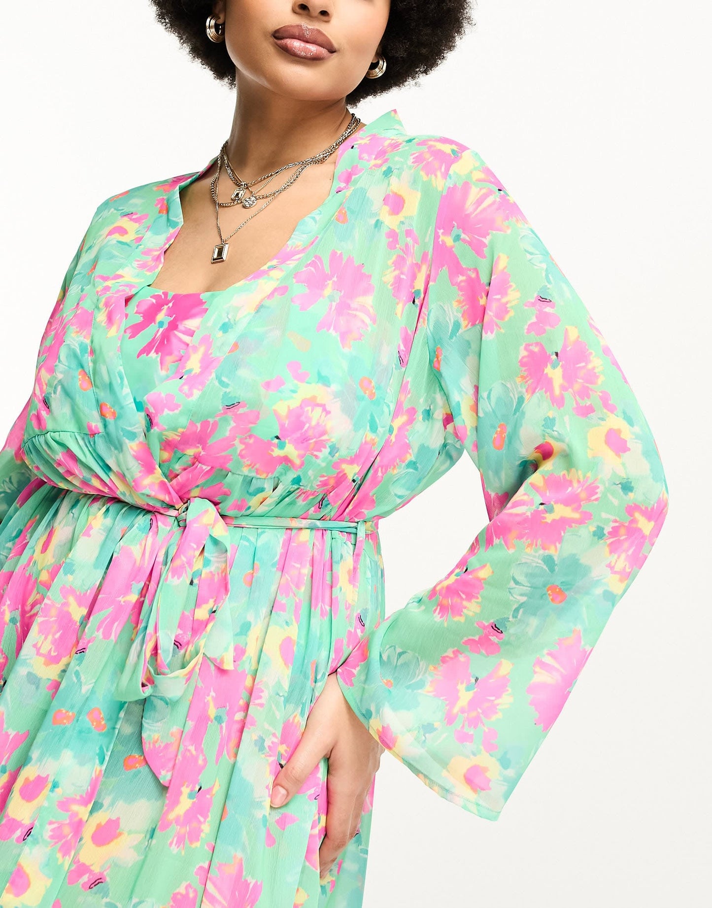 Brave Soul Plus maxi beach kimono in green and pink floral print