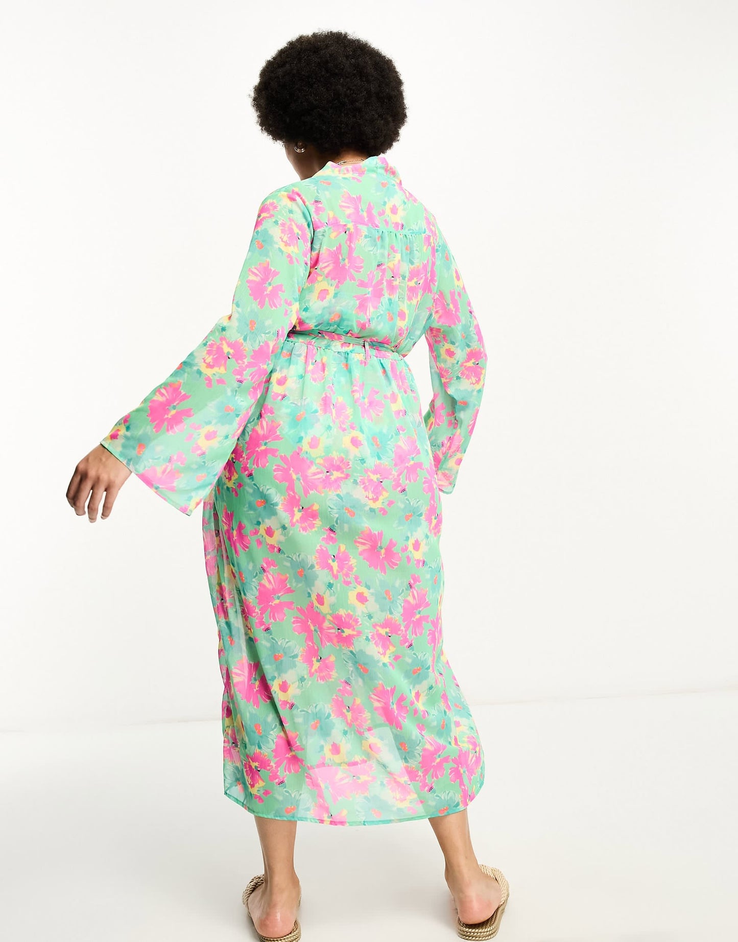 Brave Soul Plus maxi beach kimono in green and pink floral print