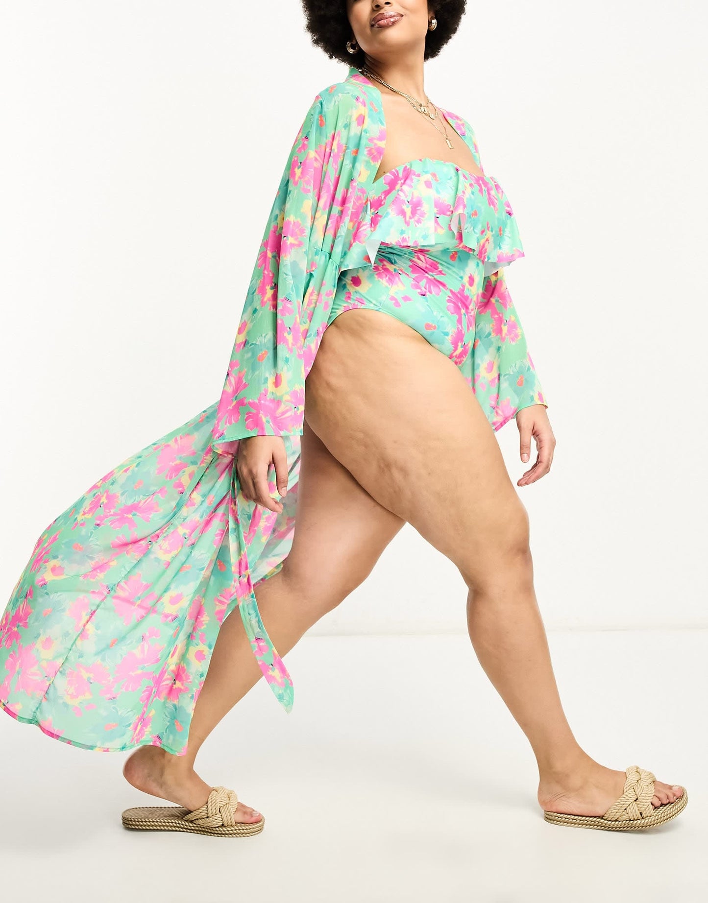 Brave Soul Plus maxi beach kimono in green and pink floral print