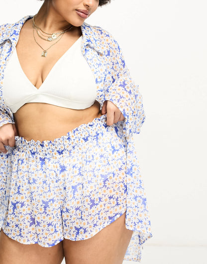 Brave Soul Plus beach shirt and short set in blue and white daisy print