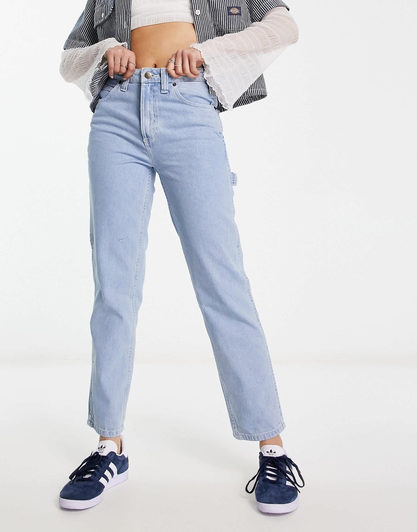 Dickies ellendale mid rise straight fit denim mom jeans in vintage blue