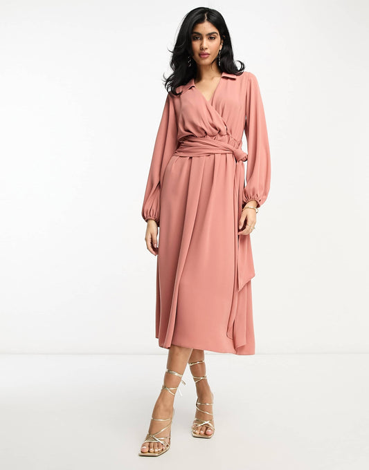 ASOS DESIGN wrap front collar long sleeve midi dress with tie waist in terracotta