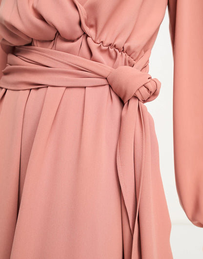 ASOS DESIGN wrap front collar long sleeve midi dress with tie waist in terracotta
