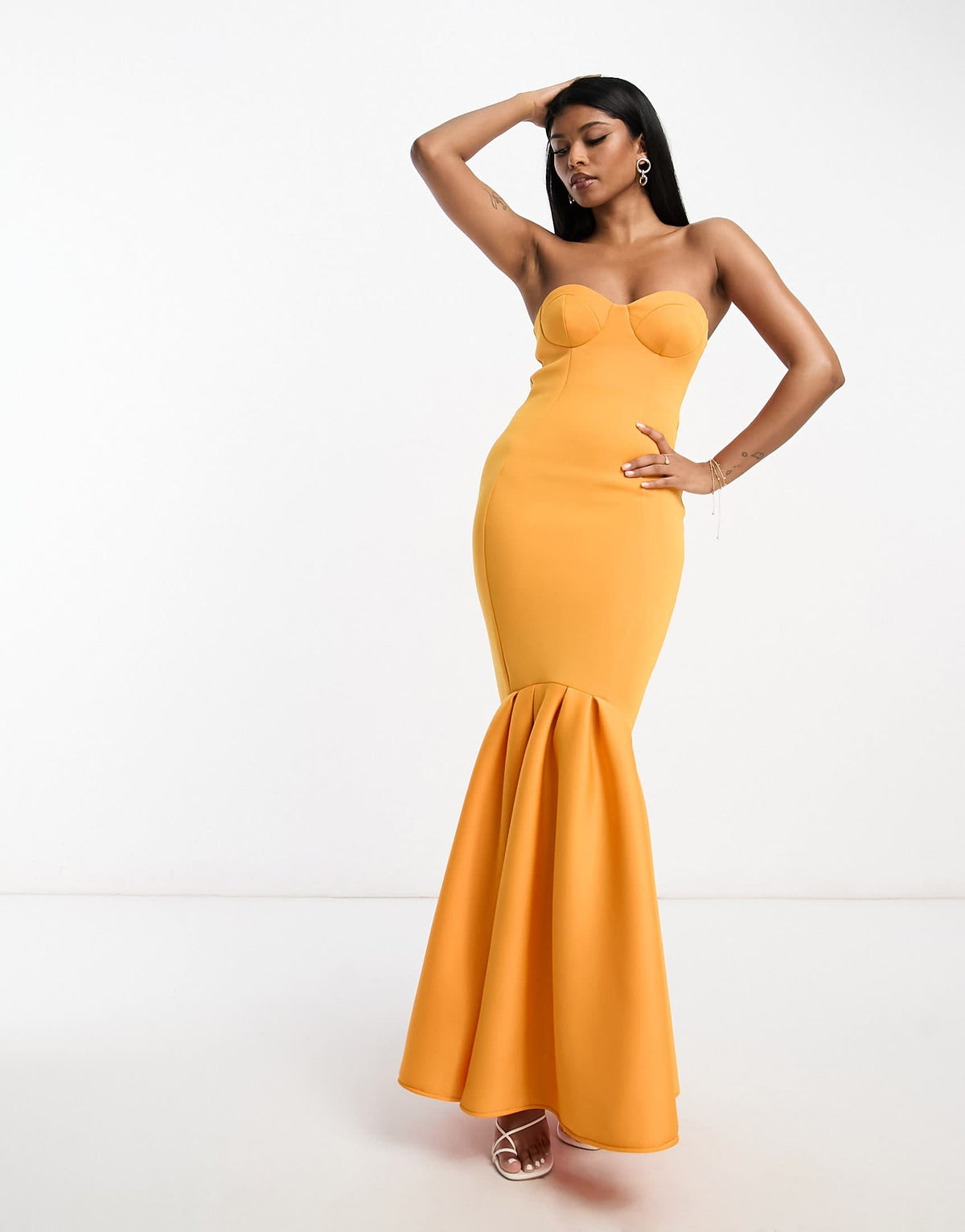 ASOS DESIGN Premium bandeau peplum hem maxi dress in marigold orange