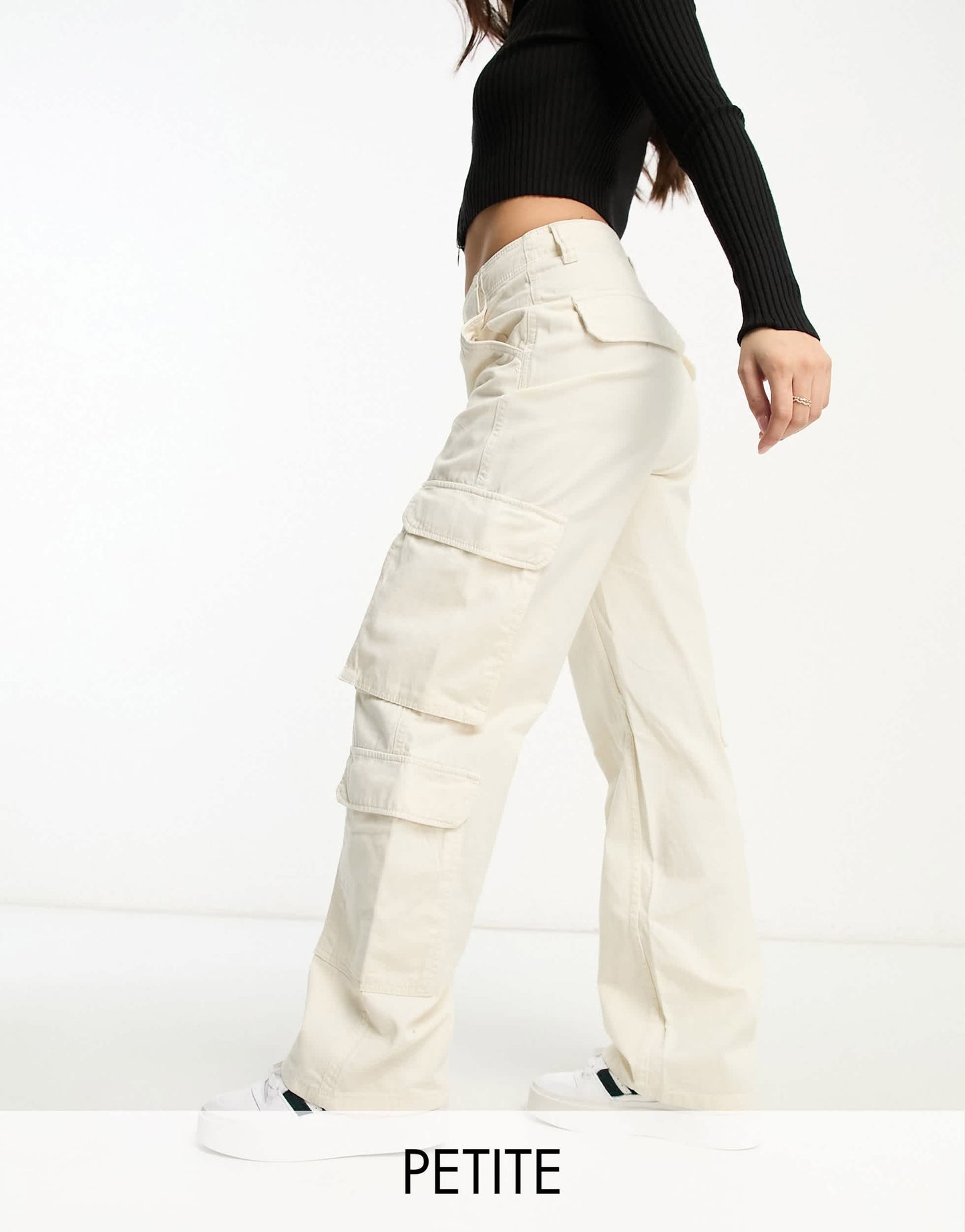 Bershka Petite drawstring waist cargo trousers in white