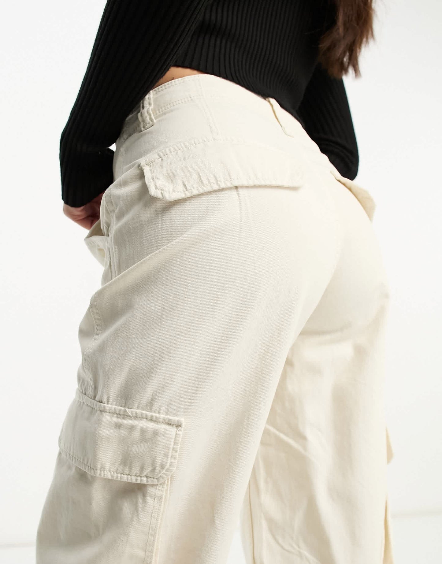 Bershka Petite drawstring waist cargo trousers in white