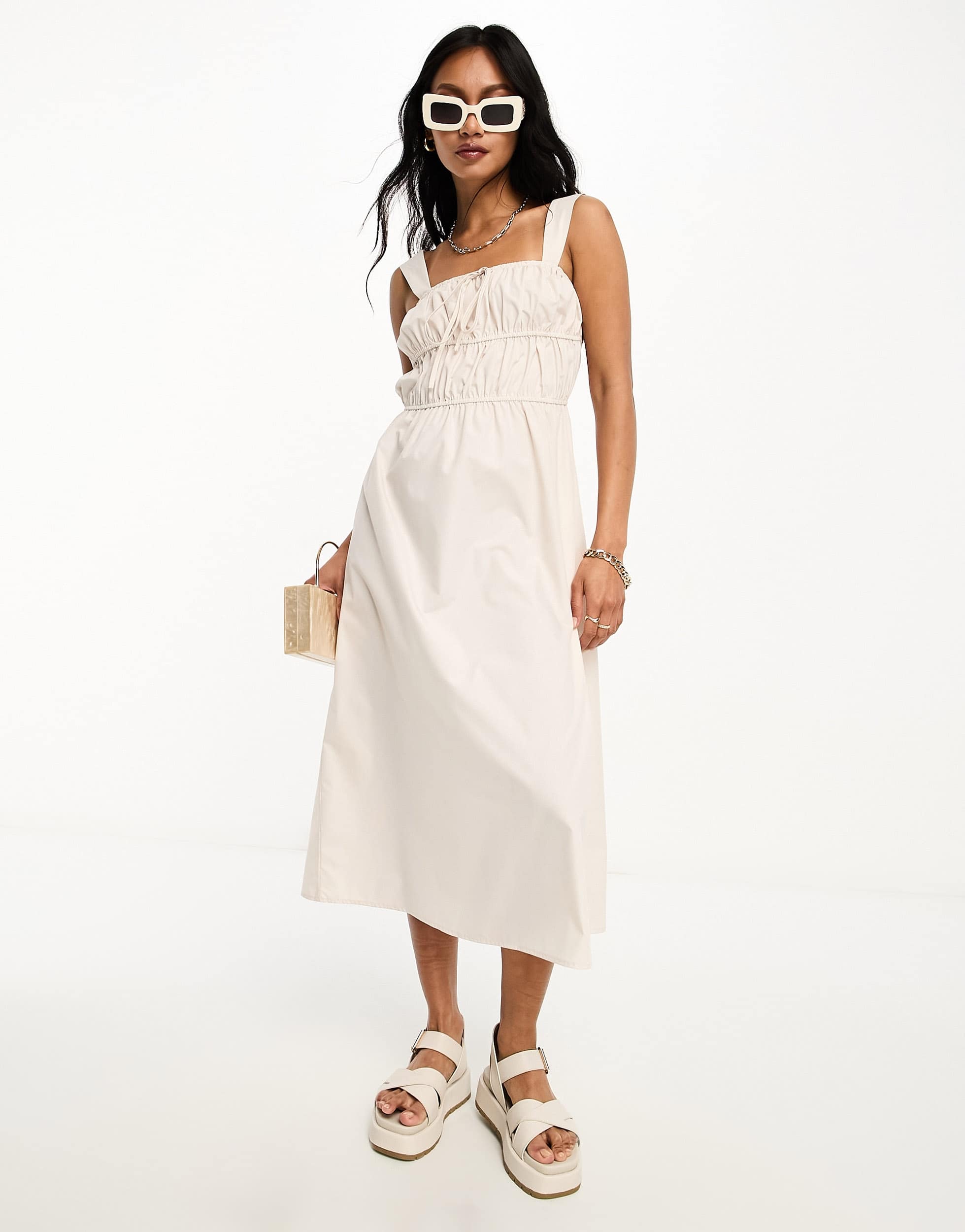 Lola May shirred tie front midi dress in stone