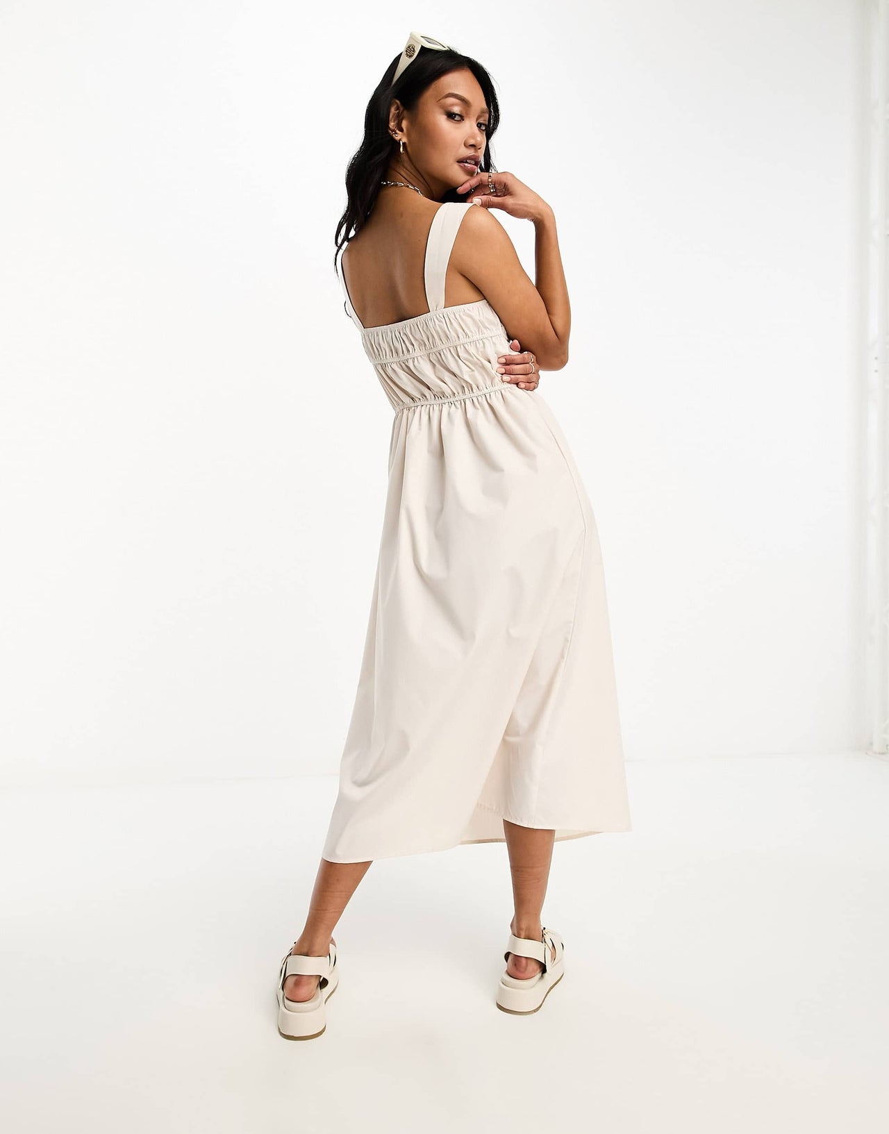 Lola May shirred tie front midi dress in stone