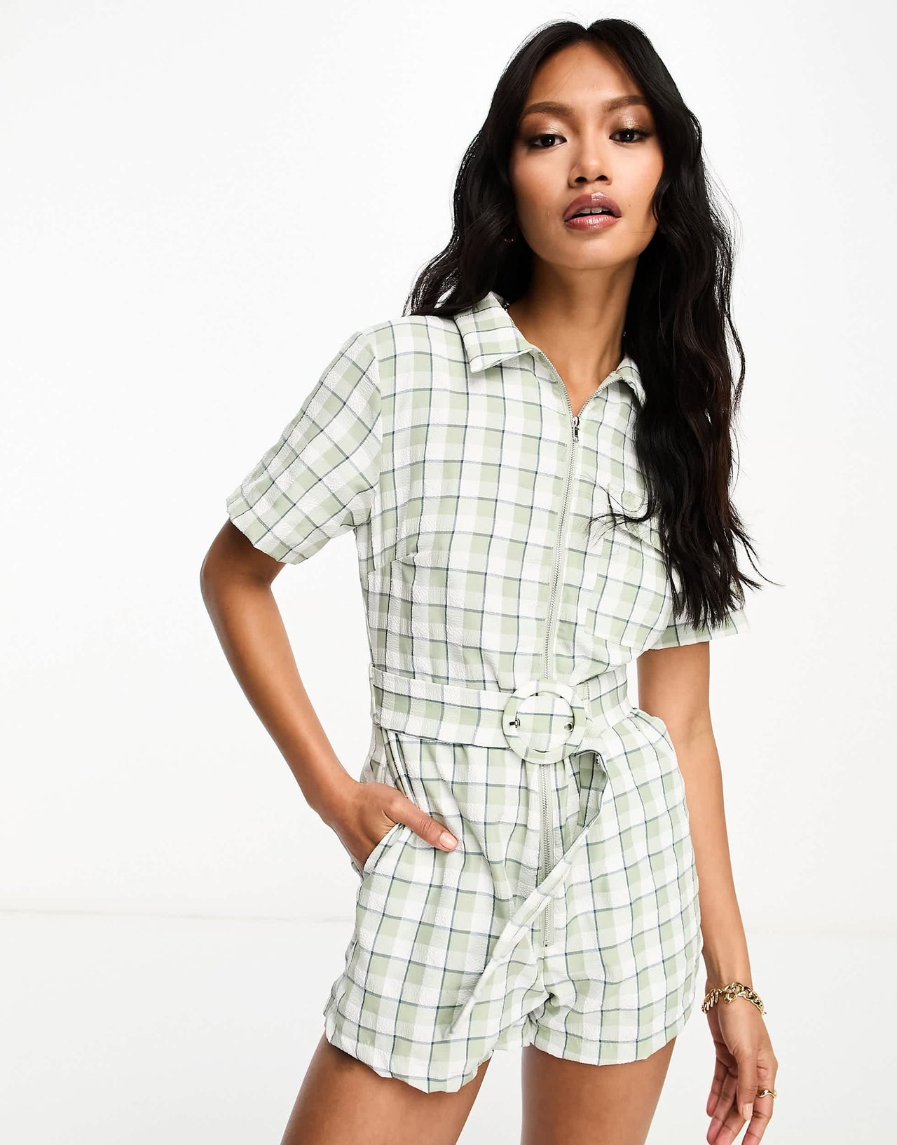 Lola May collared playsuit with belt in sage check