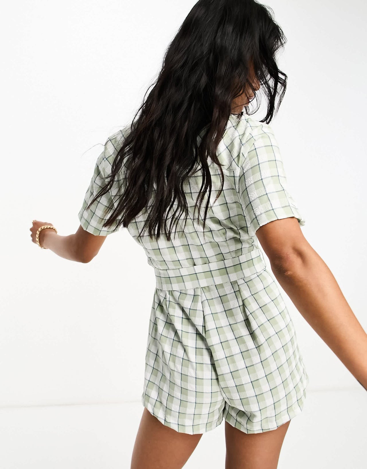 Lola May collared playsuit with belt in sage check