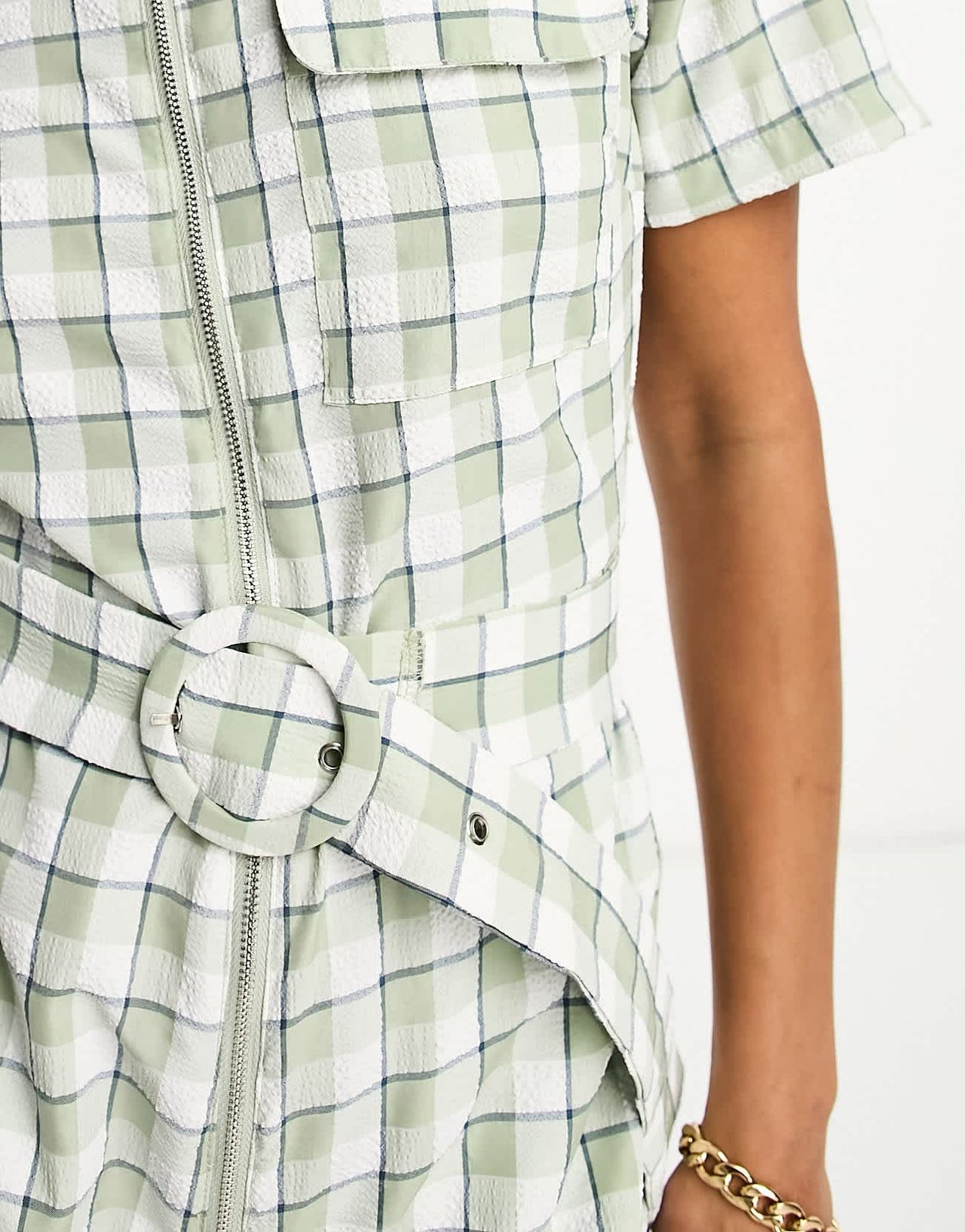 Lola May collared playsuit with belt in sage check