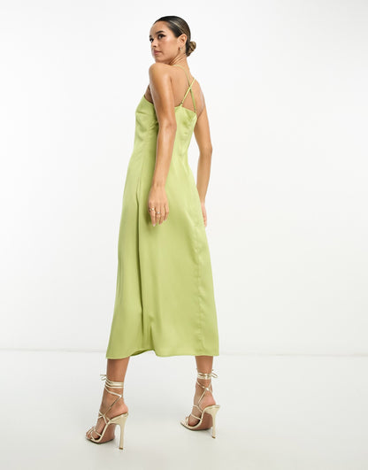 Lola May satin cross back midi dress in chartreuse