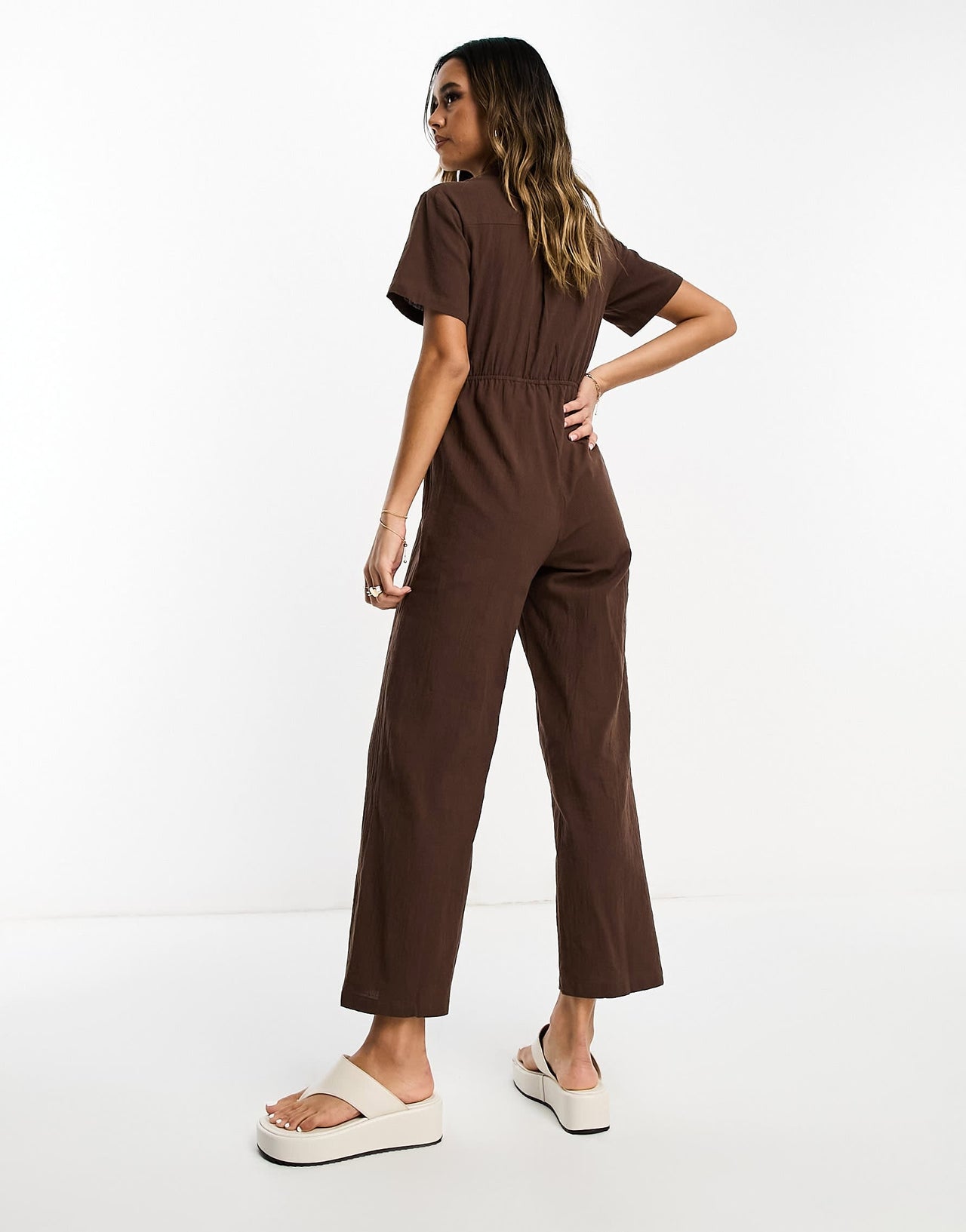 Lola May collared tie waist jumpsuit in chocolate brown