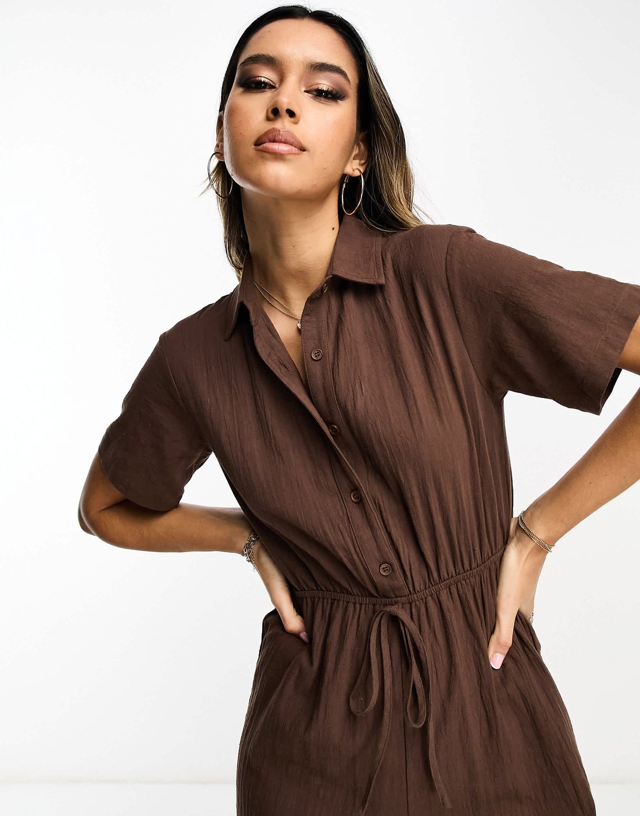 Lola May collared tie waist jumpsuit in chocolate brown