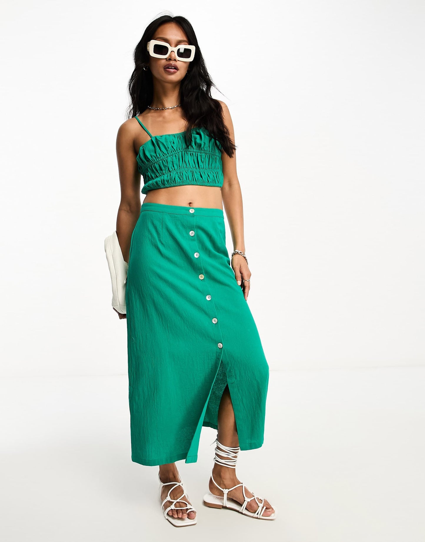Lola May shirred cami strap crop top co-ord in teal