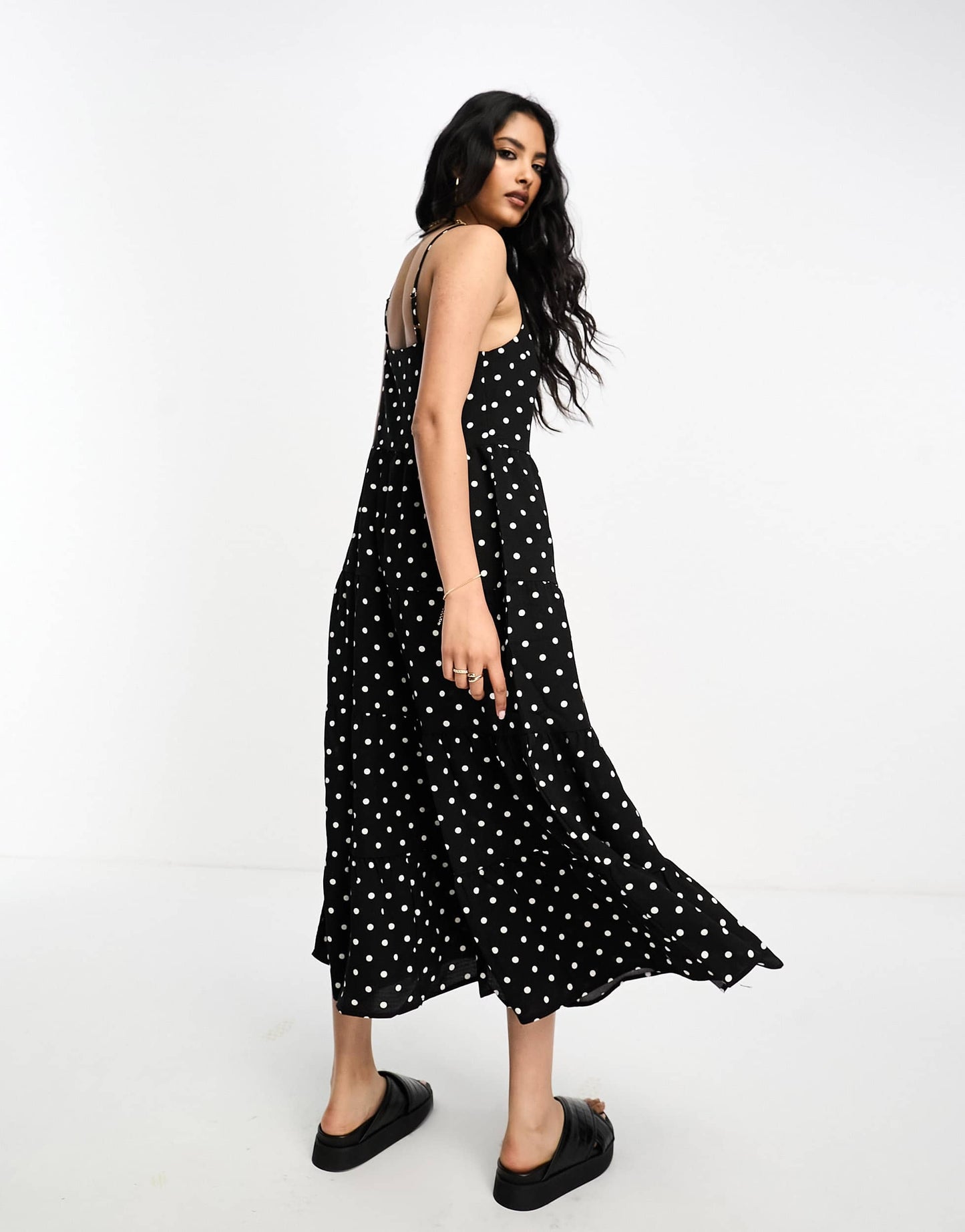 Lola May square neck trapeze midi dress in black polka dot
