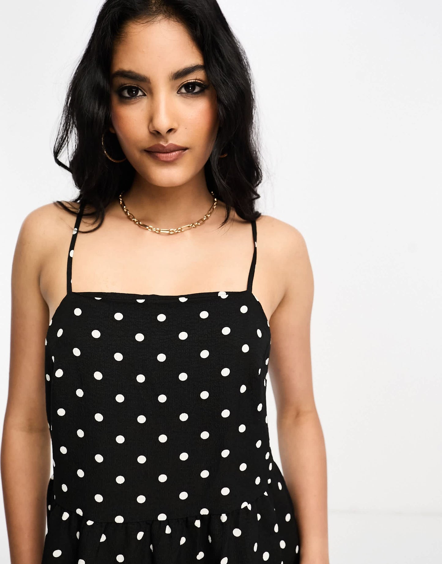 Lola May square neck trapeze midi dress in black polka dot