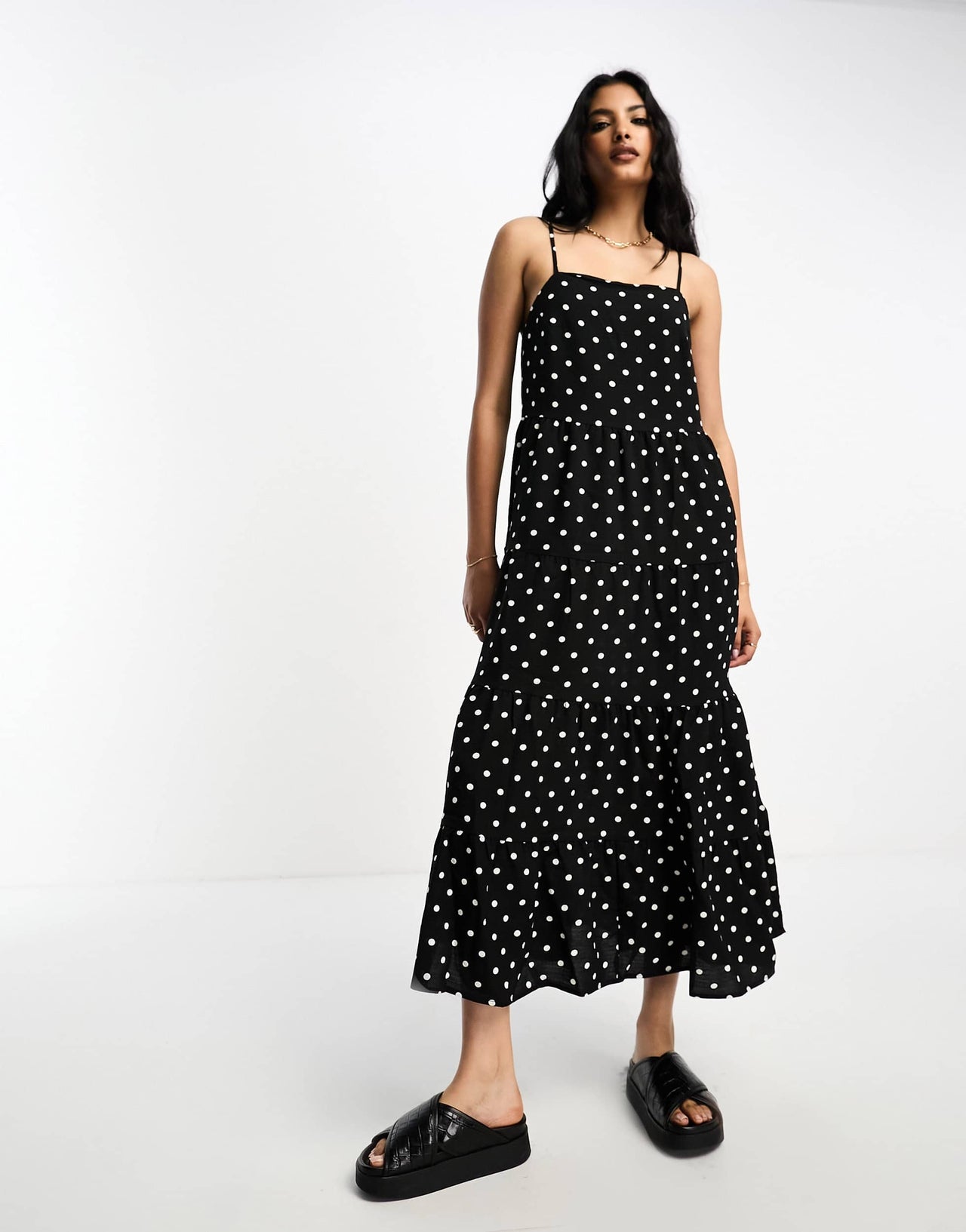 Lola May square neck trapeze midi dress in black polka dot