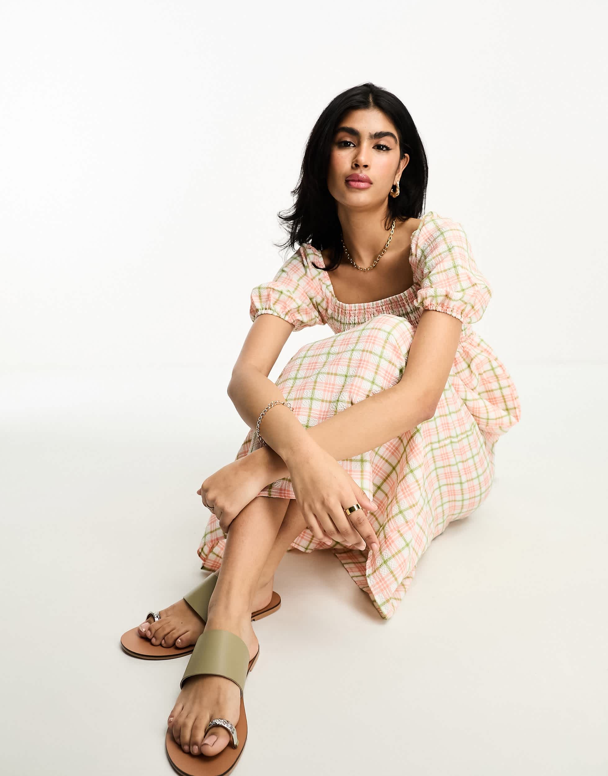 Lola May shirred puff sleeve midi smock dress in pink check