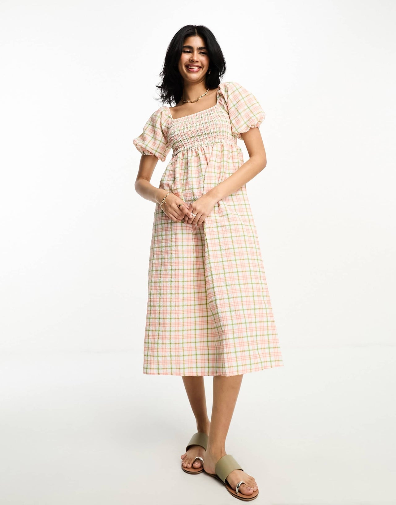Lola May shirred puff sleeve midi smock dress in pink check