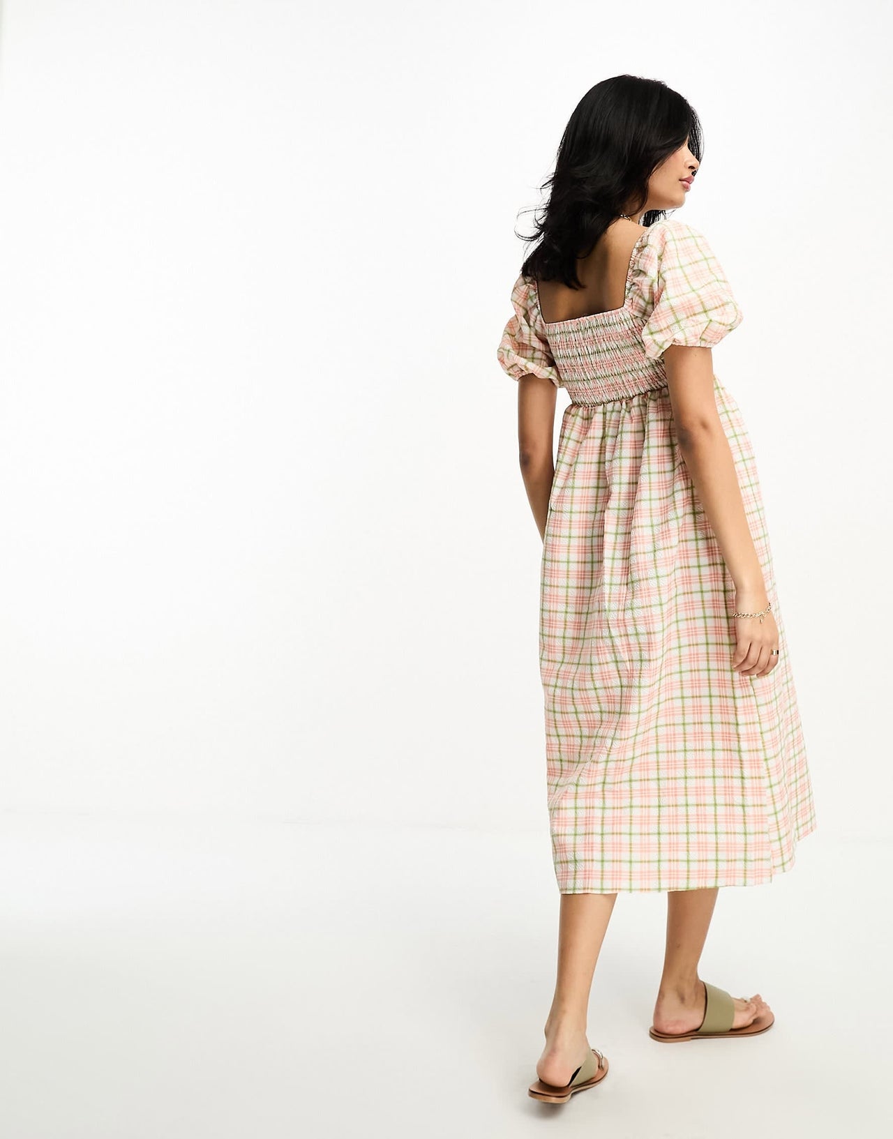 Lola May shirred puff sleeve midi smock dress in pink check