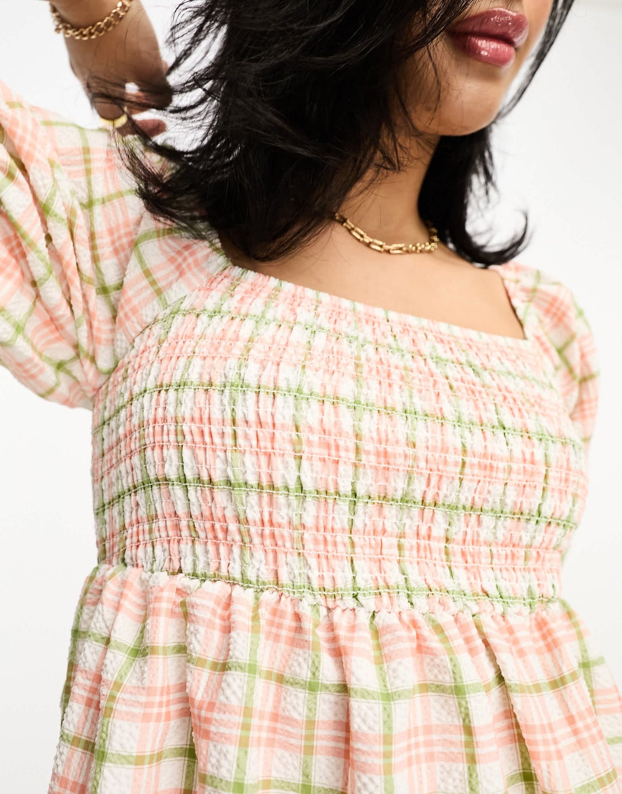 Lola May shirred puff sleeve midi smock dress in pink check