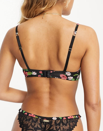 We Are We Wear lace and floral printed micro non padded plunge bra in black