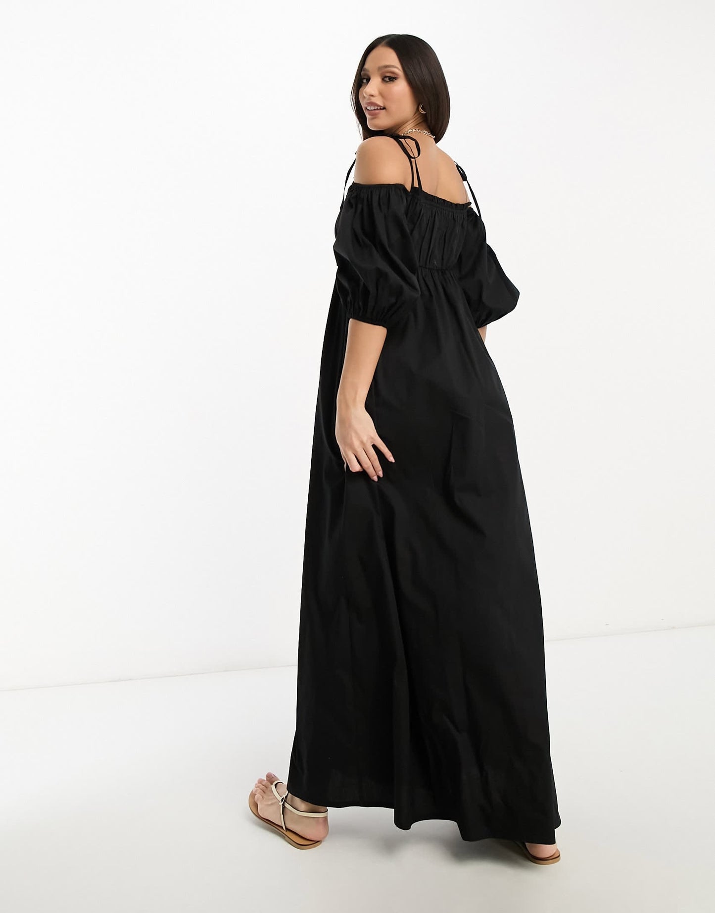 ASOS DESIGN Tall off shoulder cotton maxi dress with ruched bust detail in black