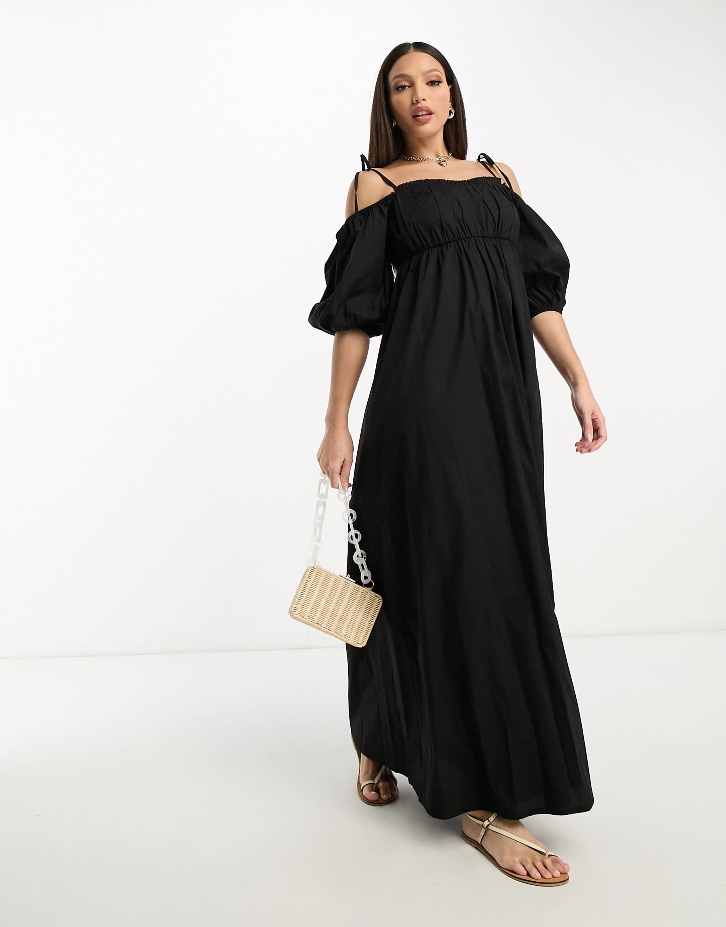 ASOS DESIGN Tall off shoulder cotton maxi dress with ruched bust detail in black