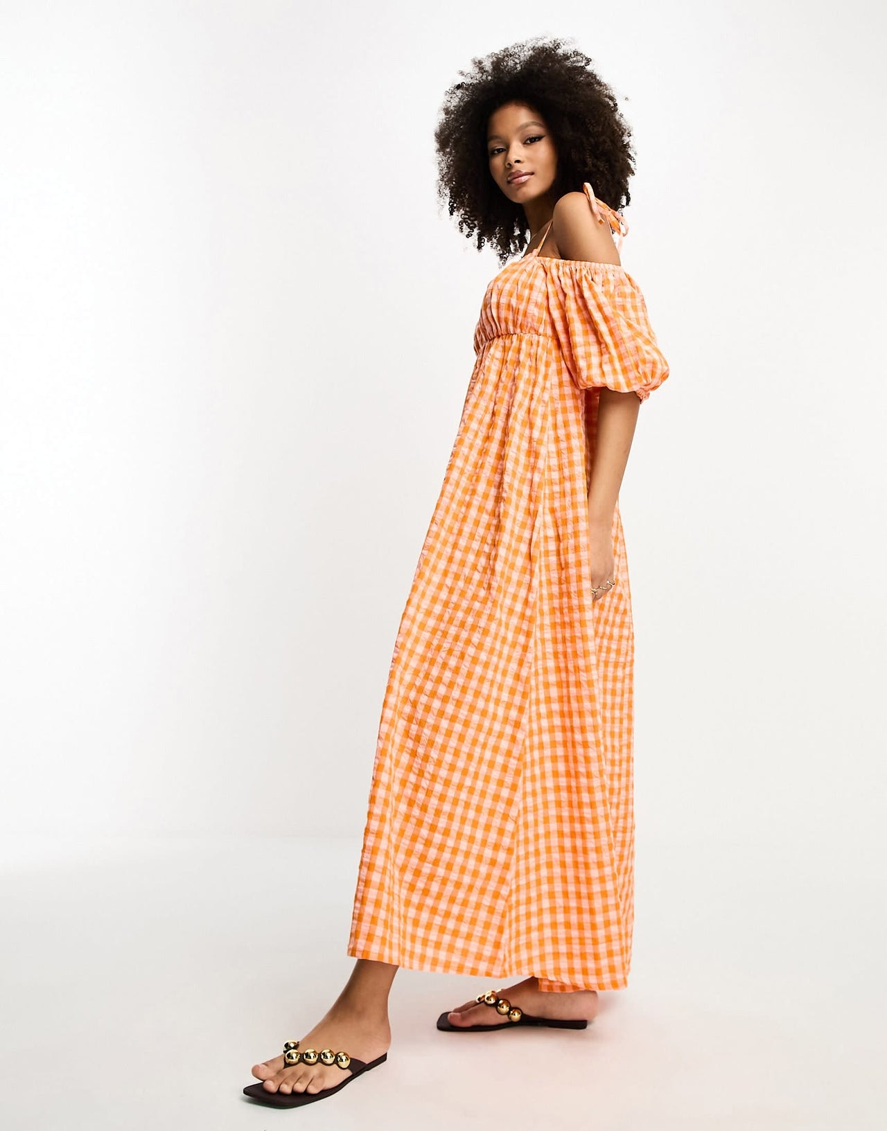 ASOS DESIGN off shoulder cotton maxi dress with ruched bust detail in pink and orange gingham