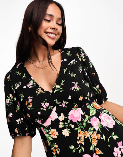 New Look v neck mixed floral midi dress in black