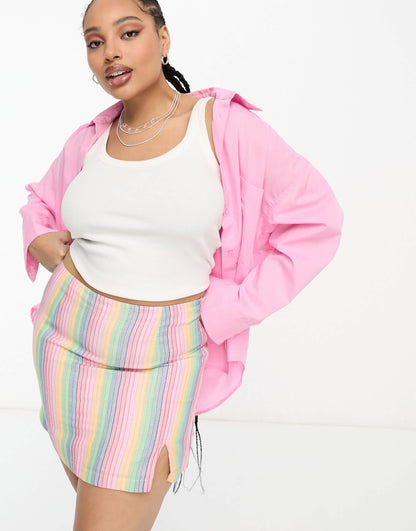 Daisy Street Plus linen look mini skirt in rainbow stripe