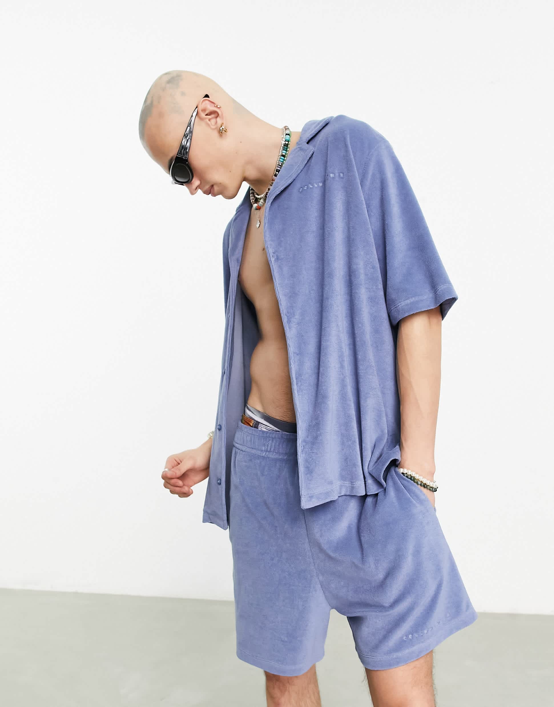 COLLUSION branded towelling beach shirt co ord in blue