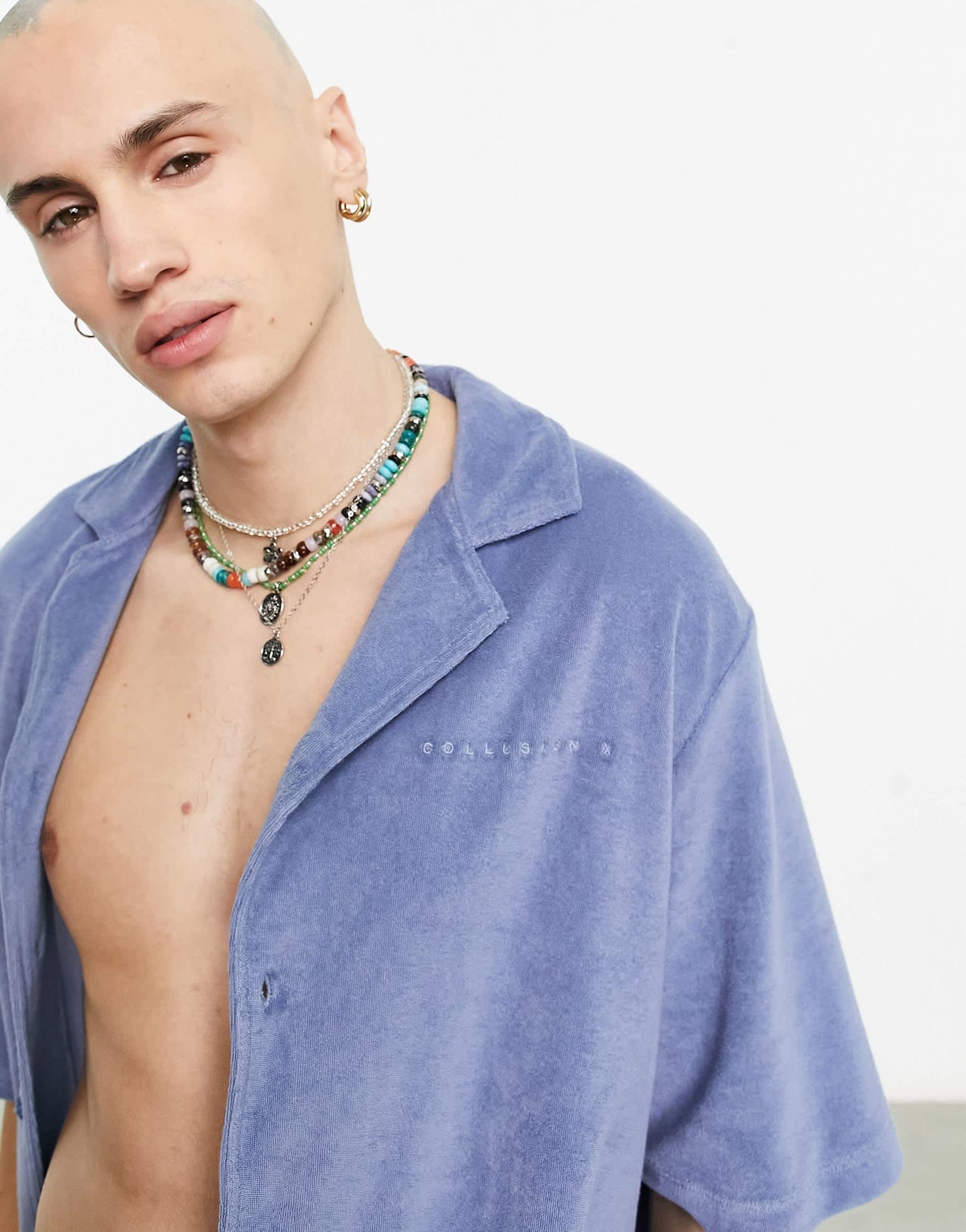 COLLUSION branded towelling beach shirt co ord in blue