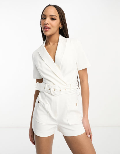 Morgan tuxedo playsuit with belt detail in white