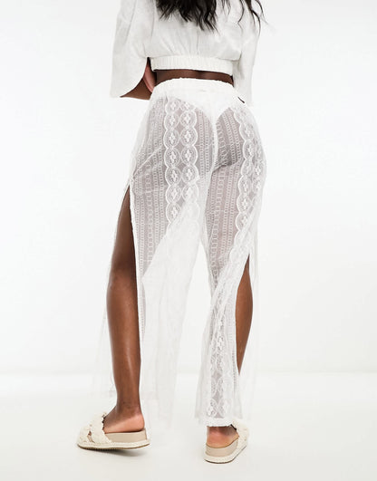 Miss Selfridge lace side split wide leg trouser in white