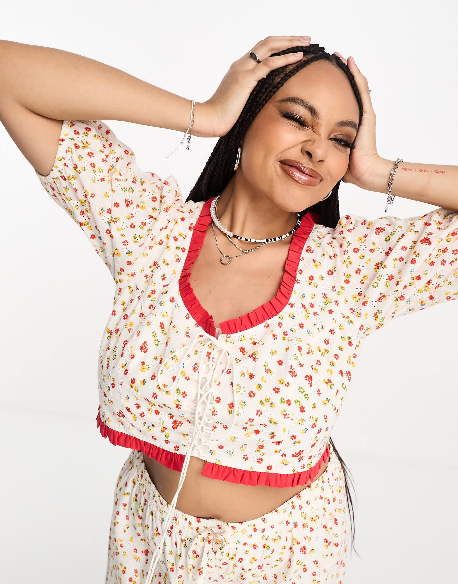 Neon Rose Plus ditsy floral print lace up corset co-ord top in multi