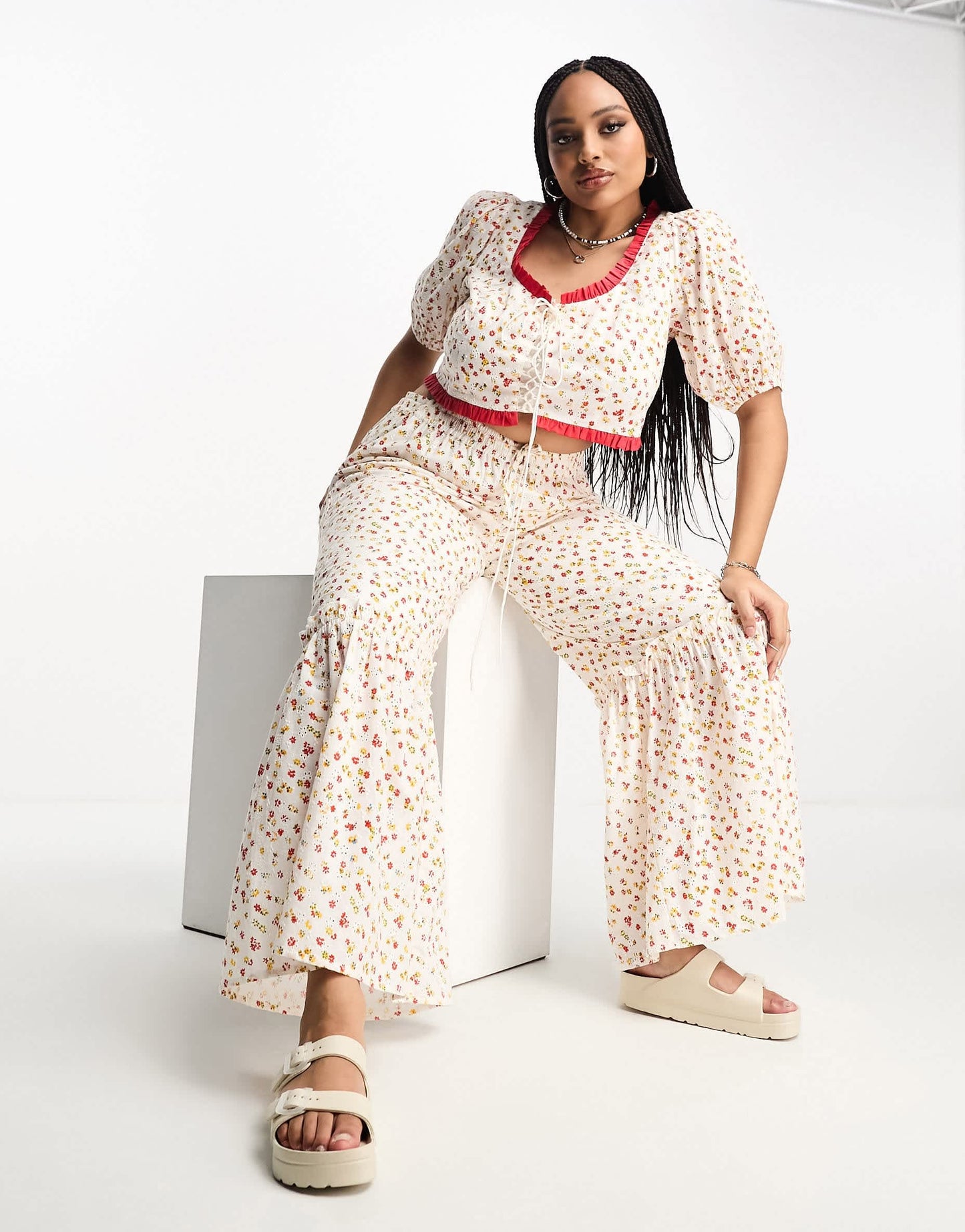 Neon Rose Plus ditsy floral print lace up corset co-ord top in multi