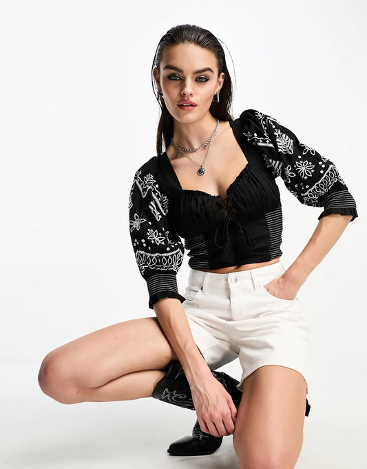 Reclaimed Vintage blouse with contrast stich and embroidery in black