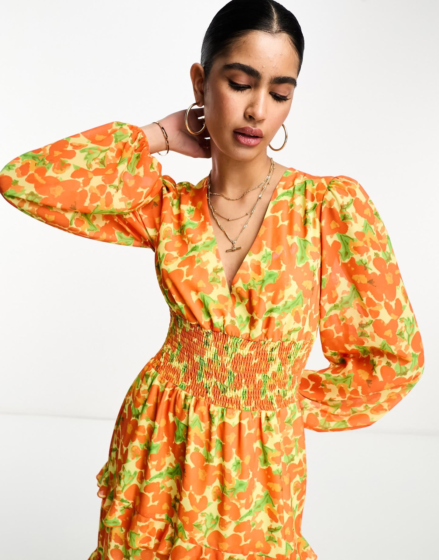 Pretty Lavish shirred waist maxi dress in orange and yellow floral