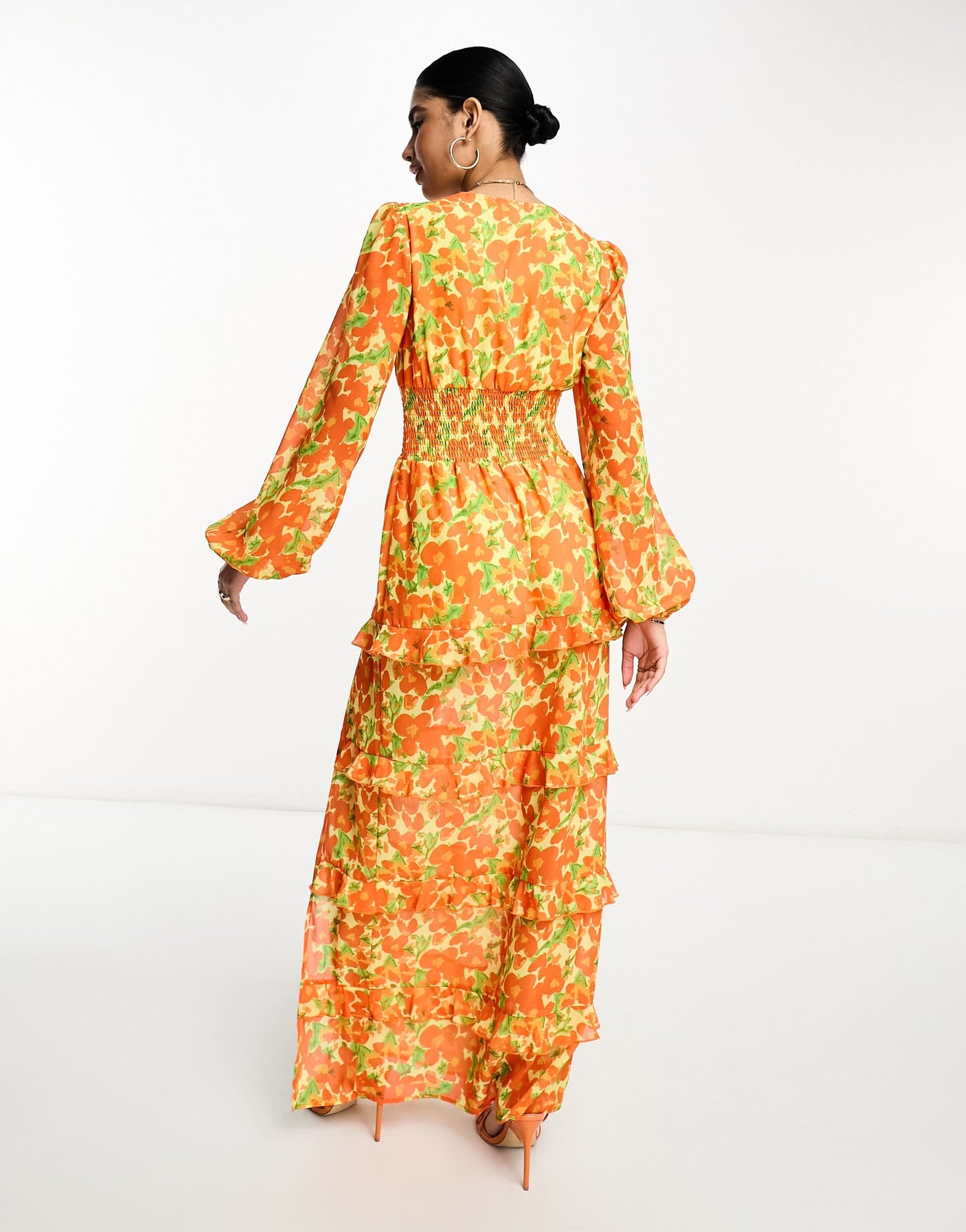 Pretty Lavish shirred waist maxi dress in orange and yellow floral