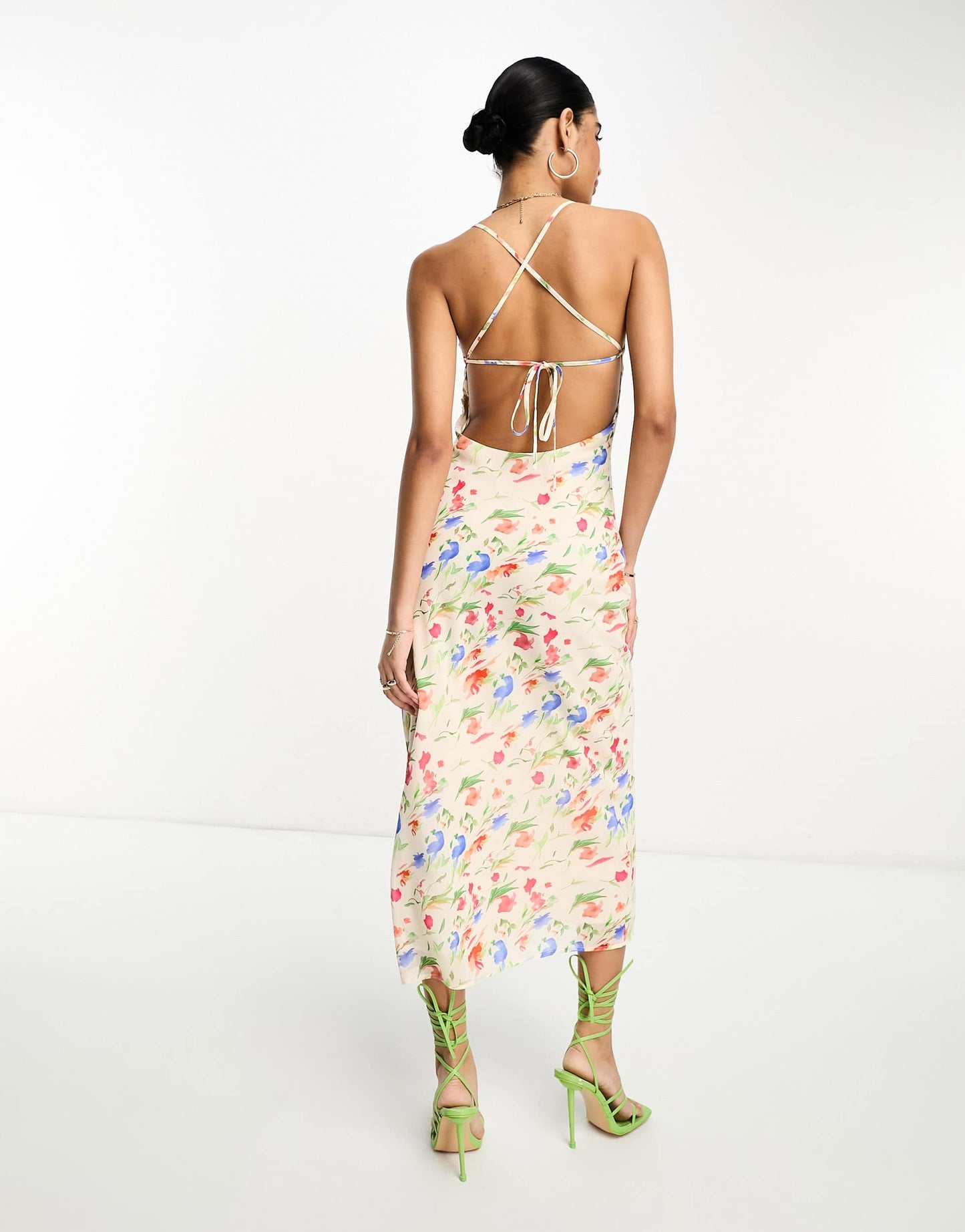 Pretty Lavish tie slip midaxi dress in ivory dainty floral