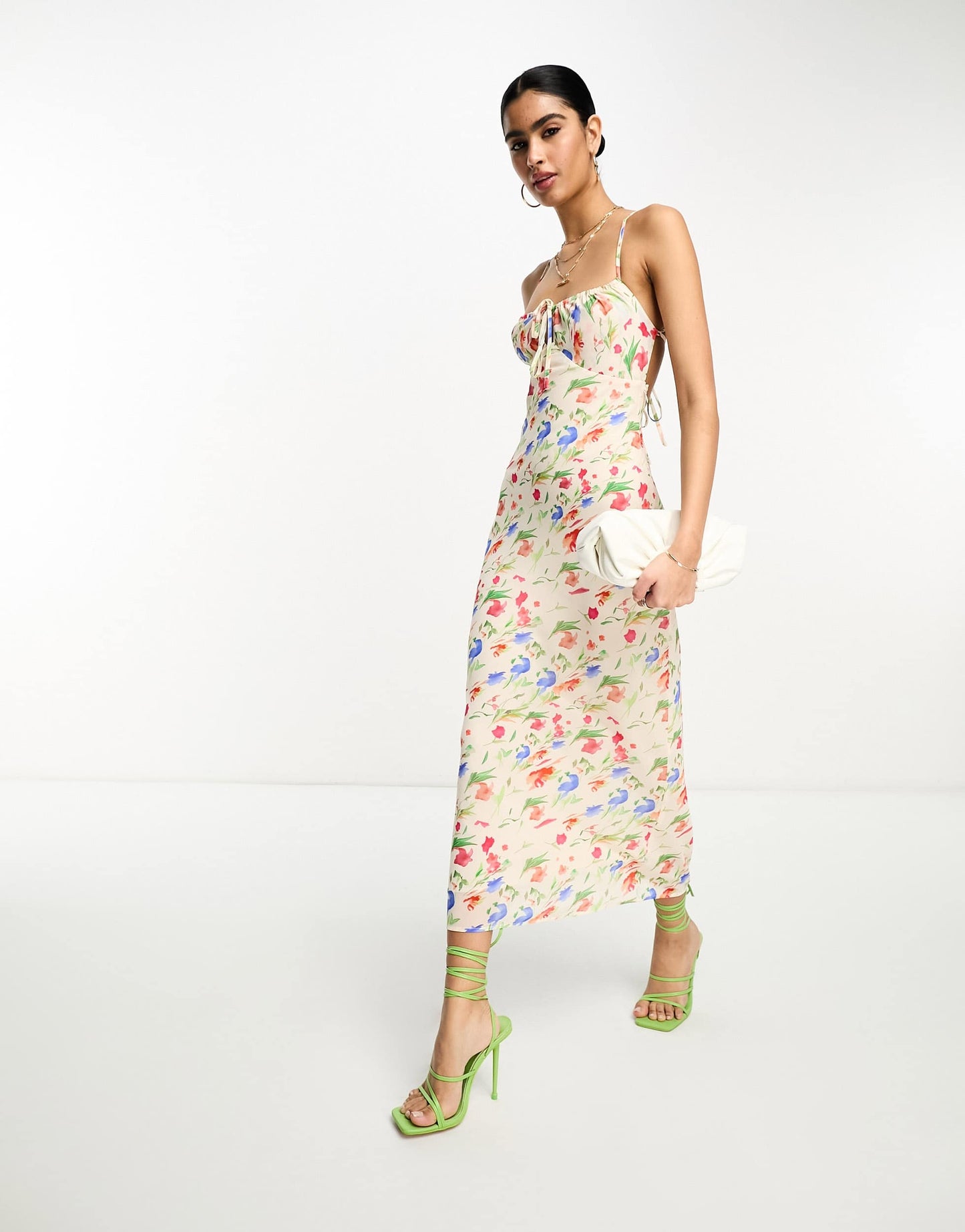 Pretty Lavish tie slip midaxi dress in ivory dainty floral