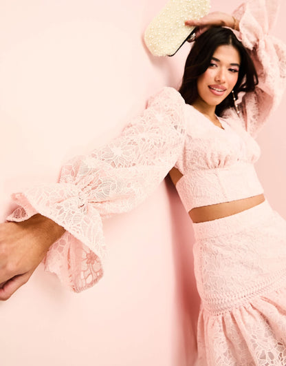 ASOS LUXE co-ord broderie plunge neck top with blouson sleeve in pink
