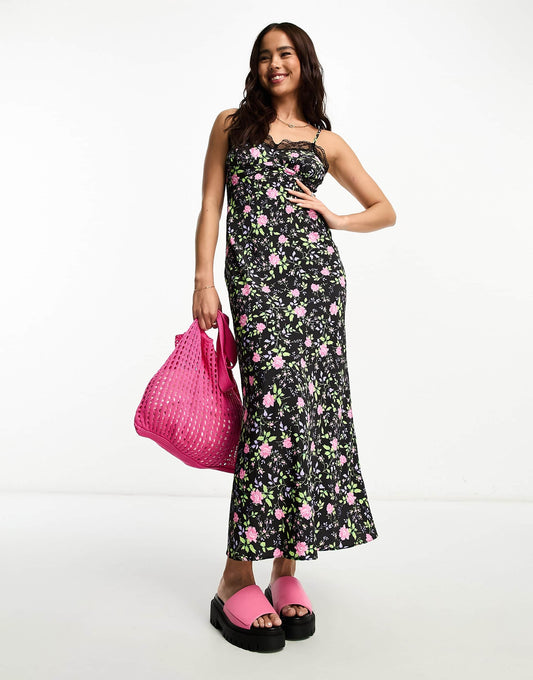 Miss Selfridge lace trim midi slip dress in floral print