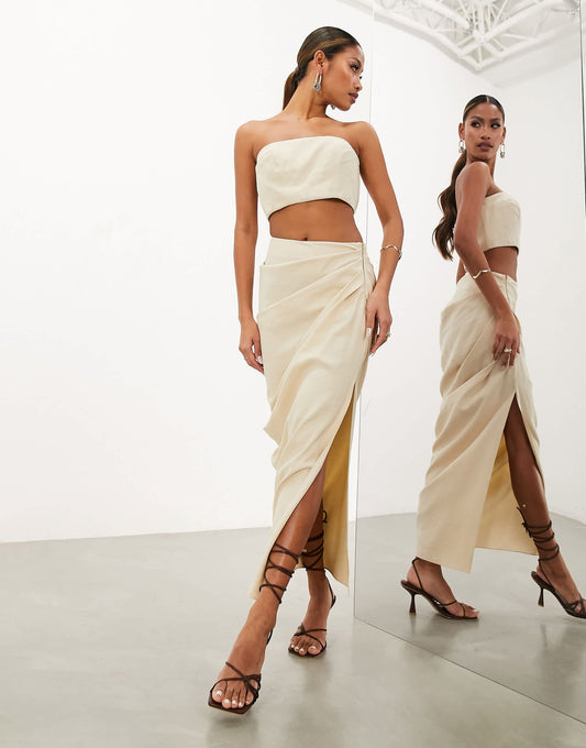 ASOS EDITION linen wrap midi skirt in stone