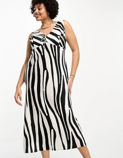 ASOS DESIGN Curve bias satin tie detail midi dress in abstract zebra print